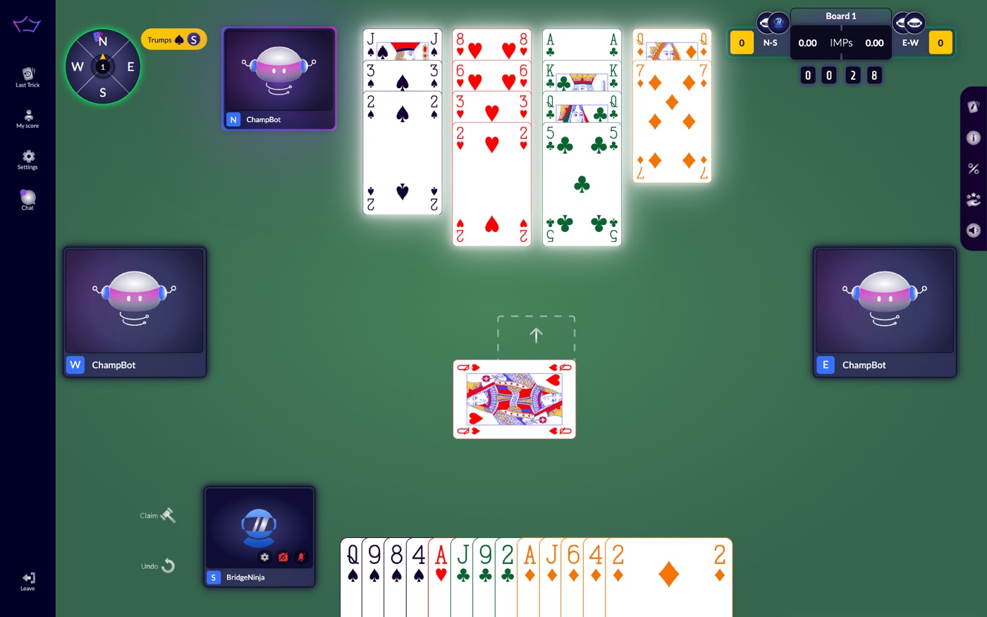 Trick Taker in play, the badge reads Trumps spades South
