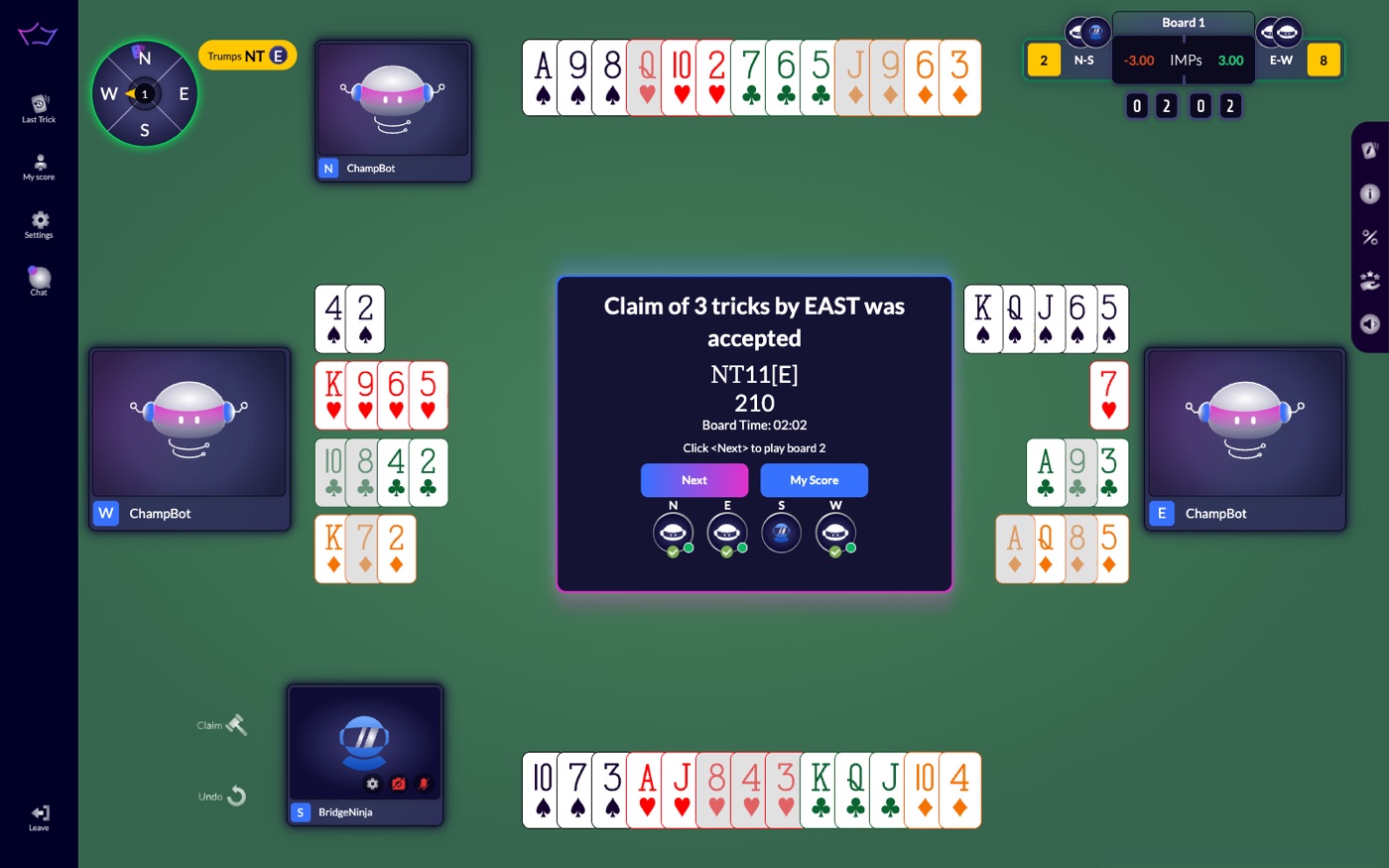 Final Result of a Trick Taker board: NT 11 by East, 210