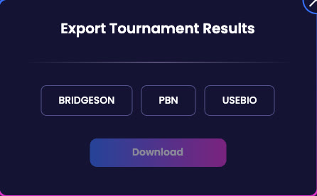 The Export Tournament Results dialog with BRIDGESON, PBN and USEBIO