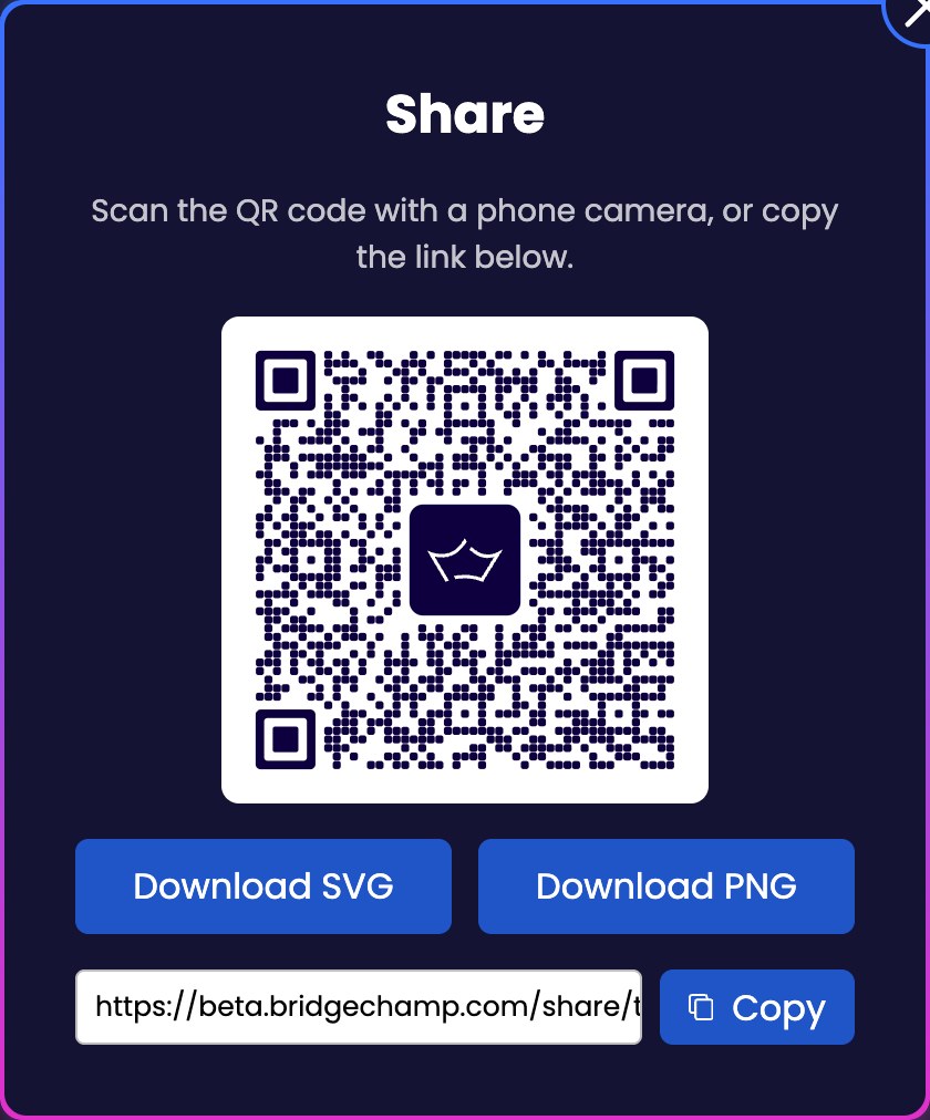 The Share window with the QR code, the two download buttons and the link with a Copy button