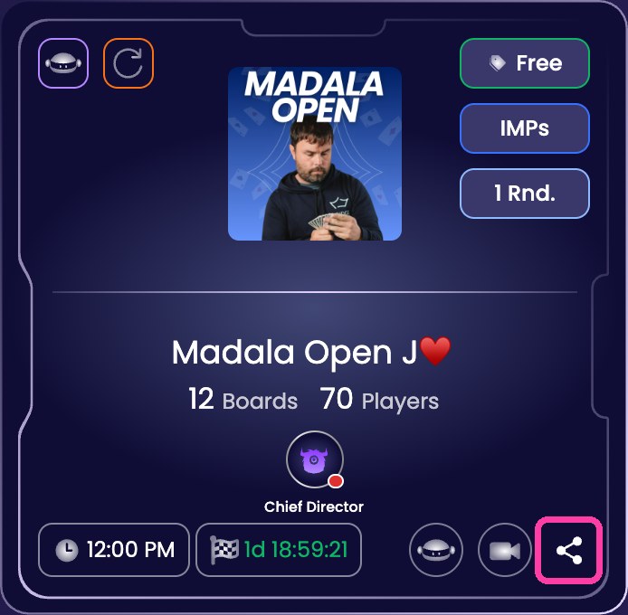A tournament card with the share symbol in the bottom right corner marked