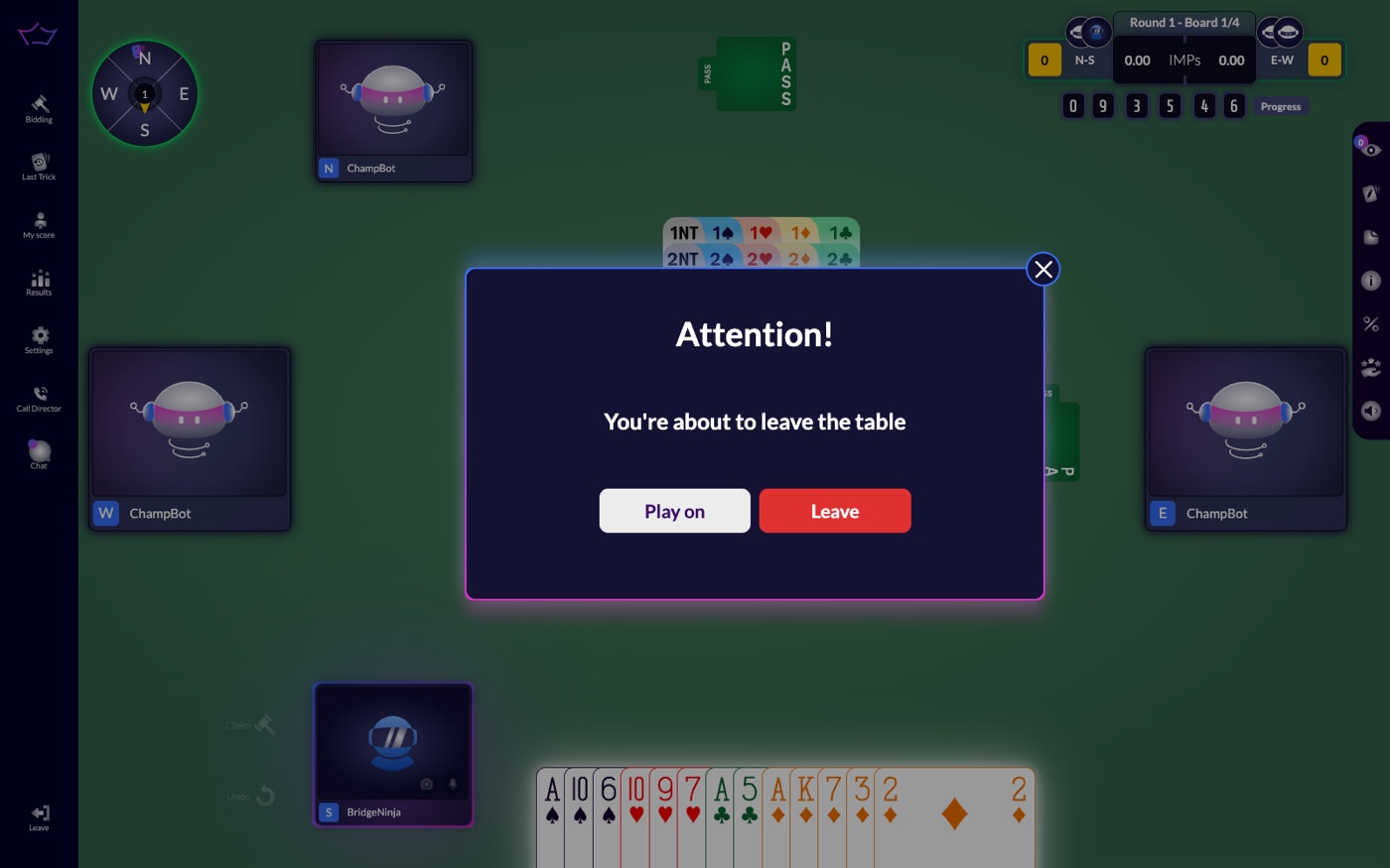 The leave dialog at a tournament table