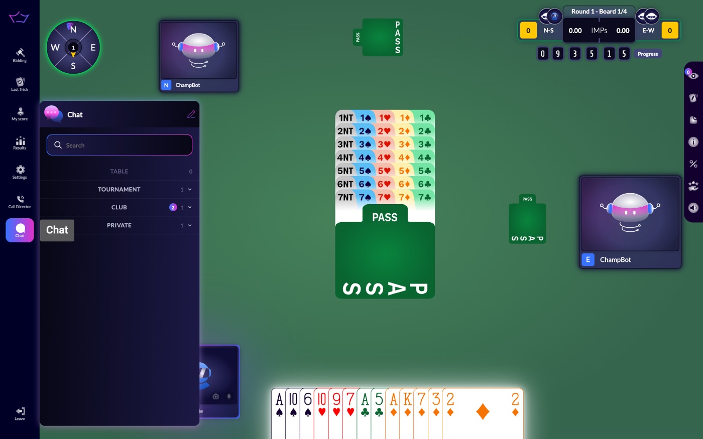 The chat panel with the TABLE, TOURNAMENT, CLUB and PRIVATE tabs