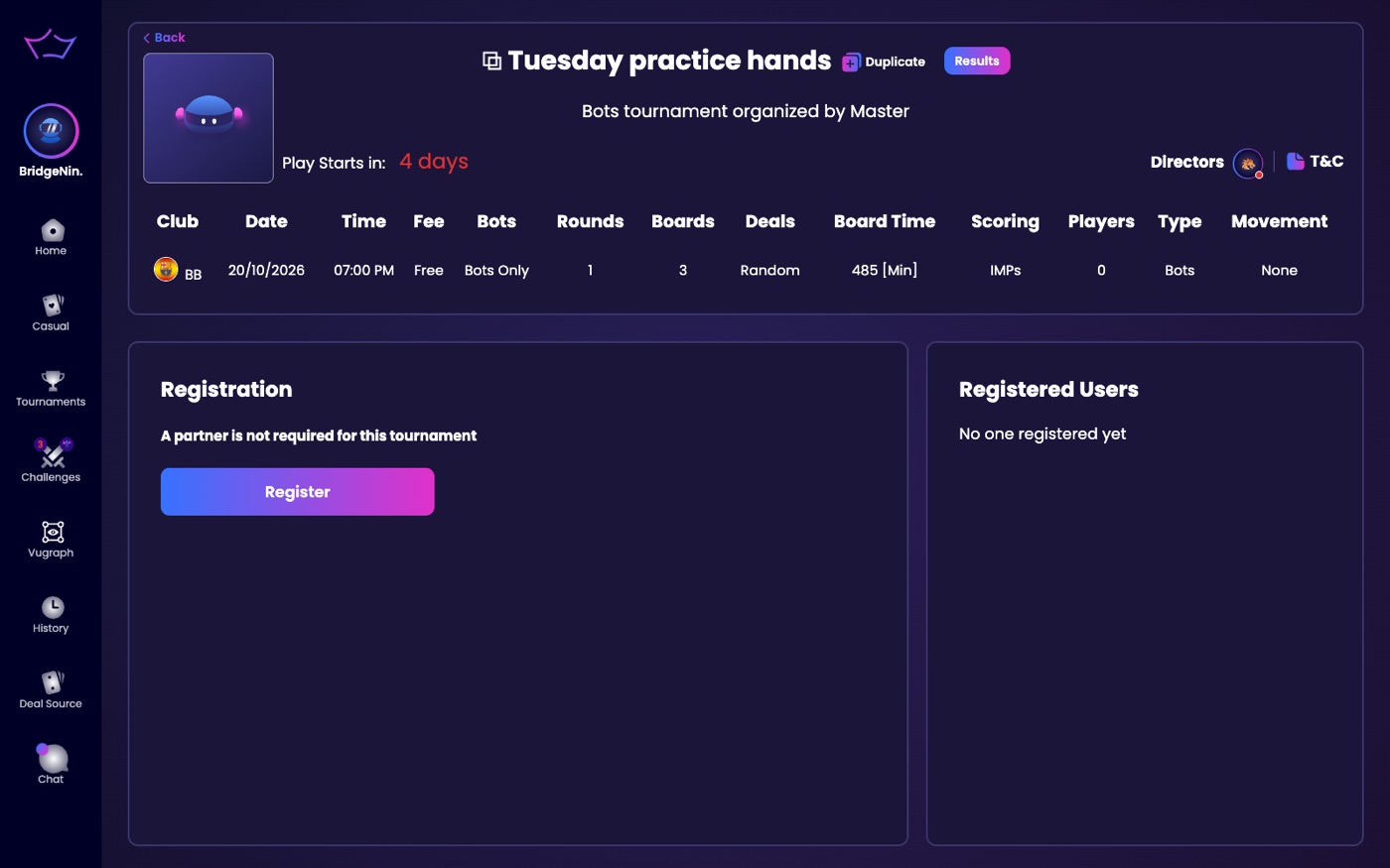 A scheduled tournament page before registration