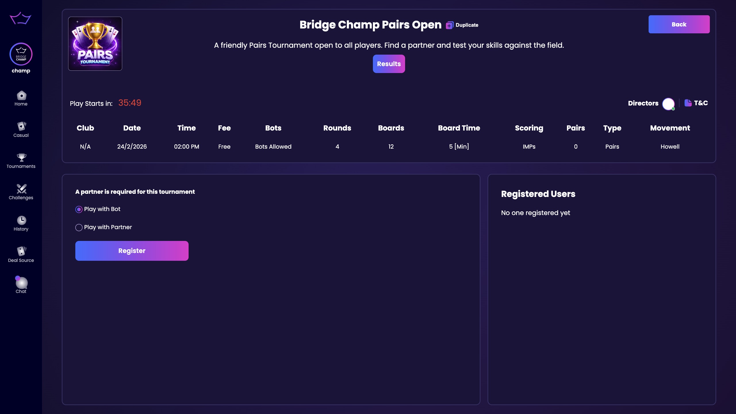 Register for tournament