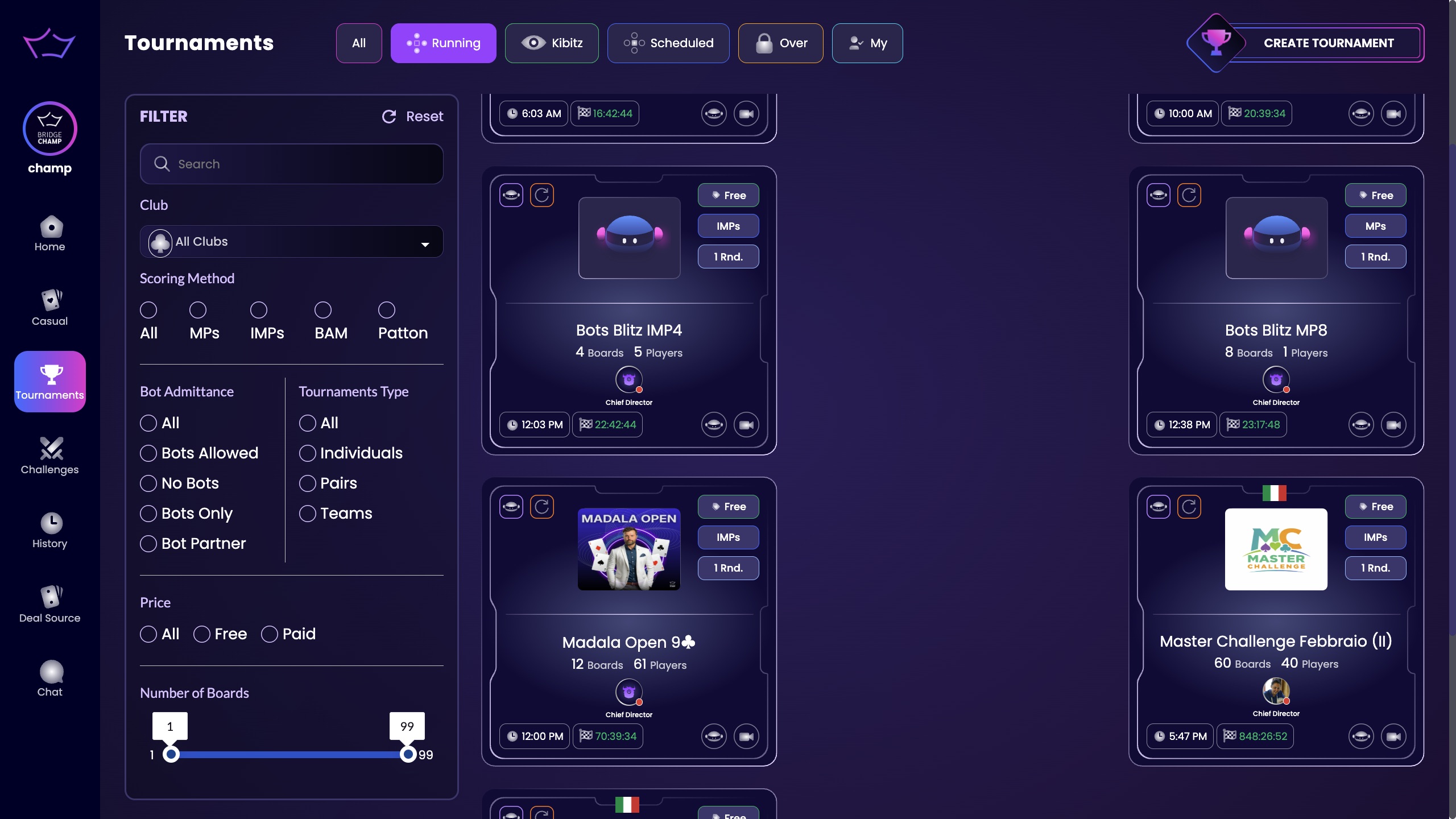 Tournaments list interface