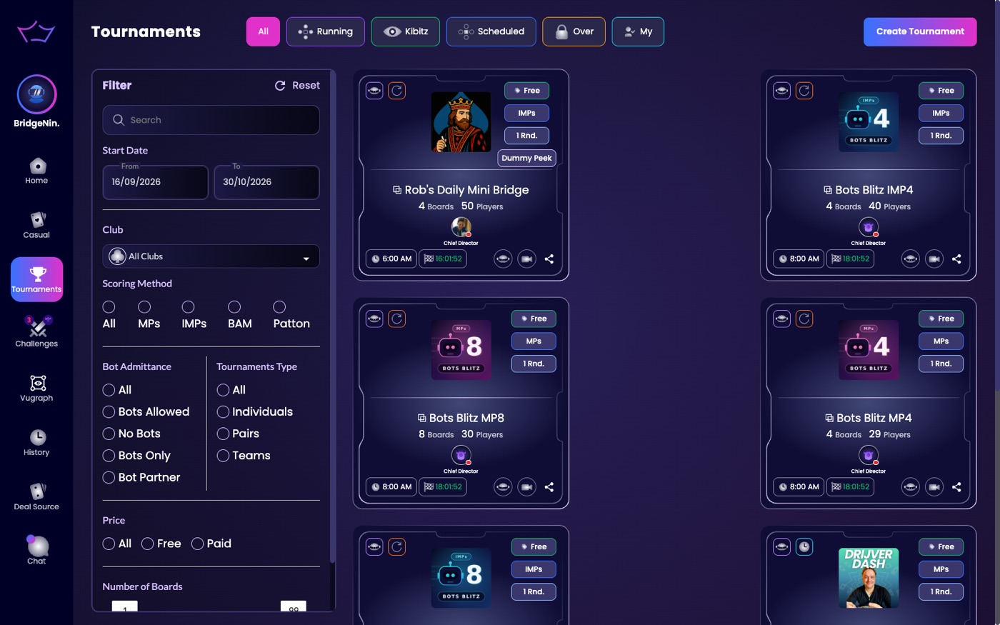 The Tournaments page with its six tabs and the filter column