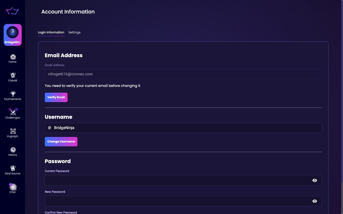 Account: Login Information tab