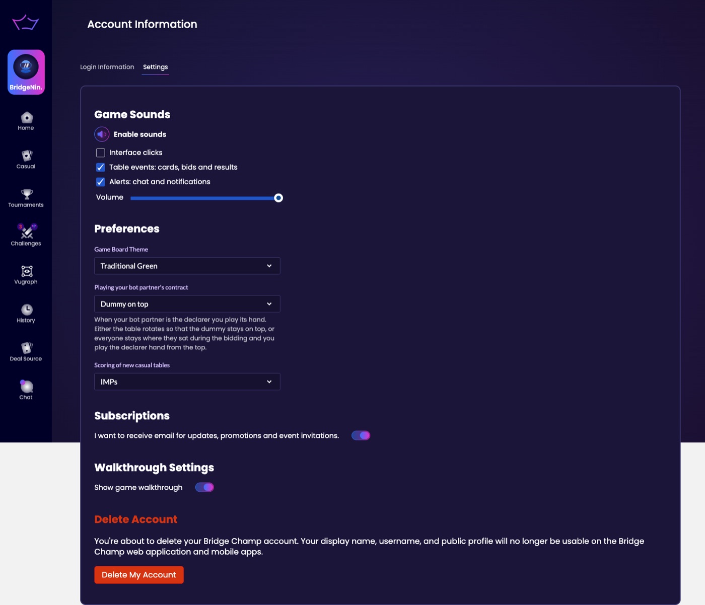 Account Settings with the Delete Account section at the bottom