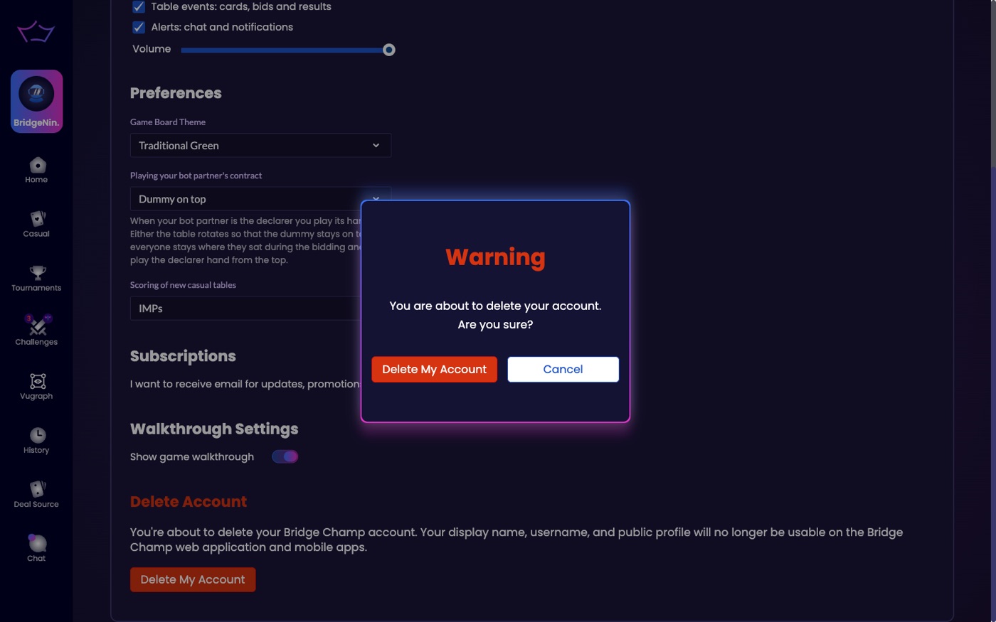 Delete account warning