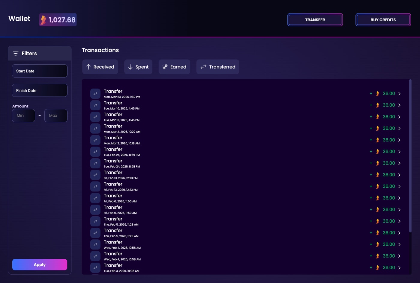 The Bridge Champ wallet with the Buy Credits button at the top right