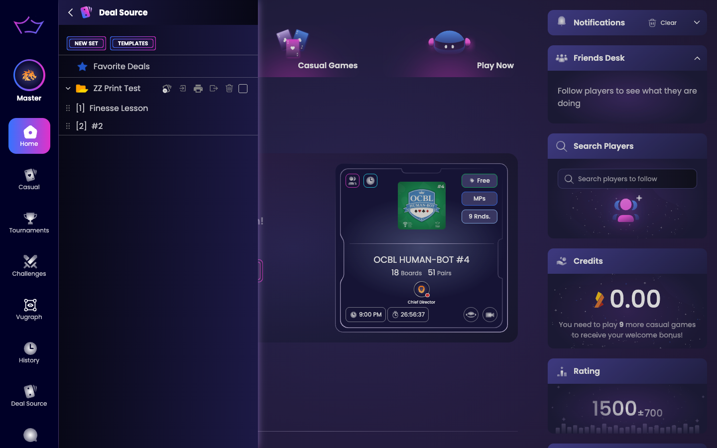 The Deal Source panel listing folders, each with a row of action icons