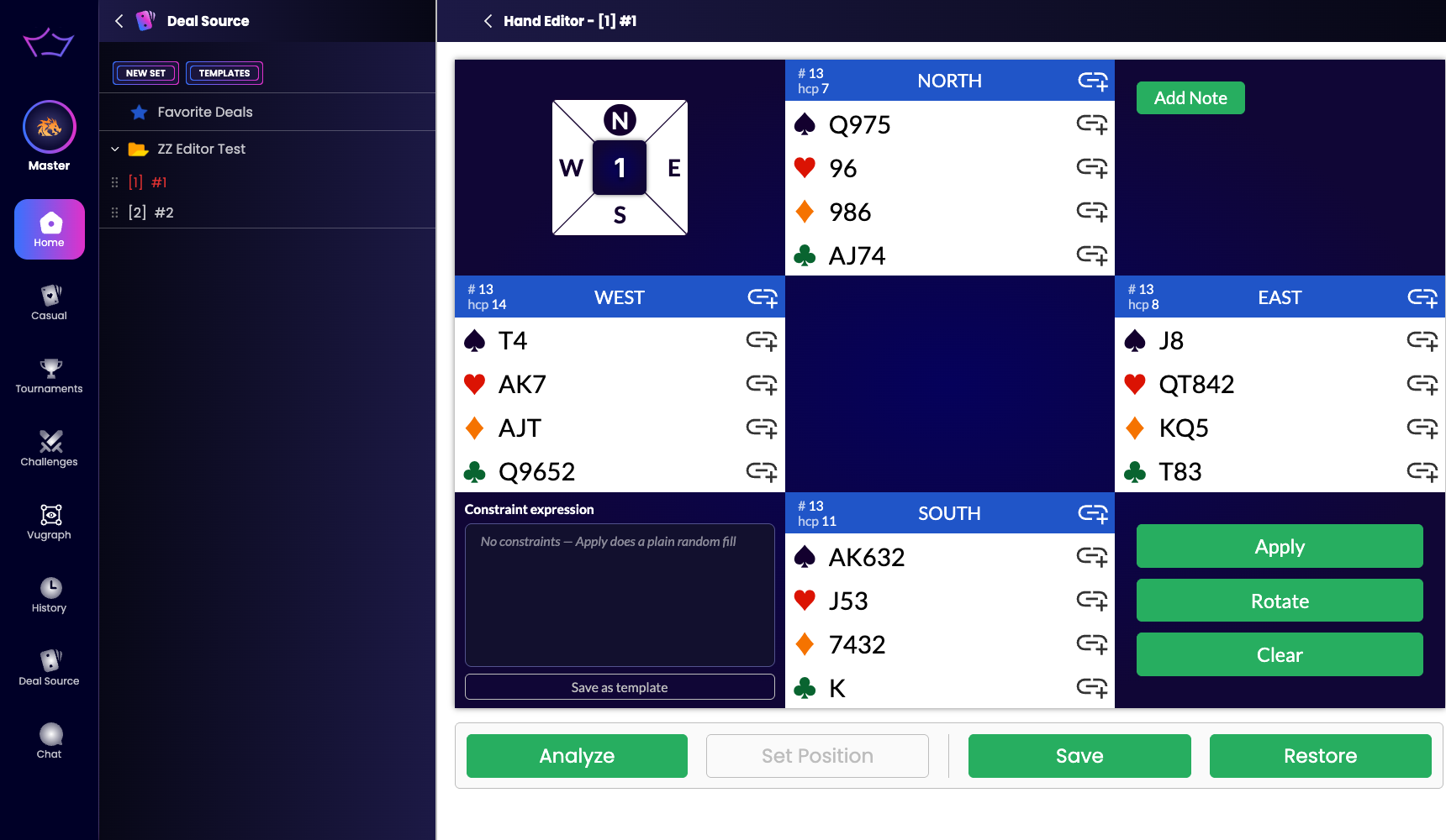 A fully dealt hand in the editor with high card points shown beside each of the four hands
