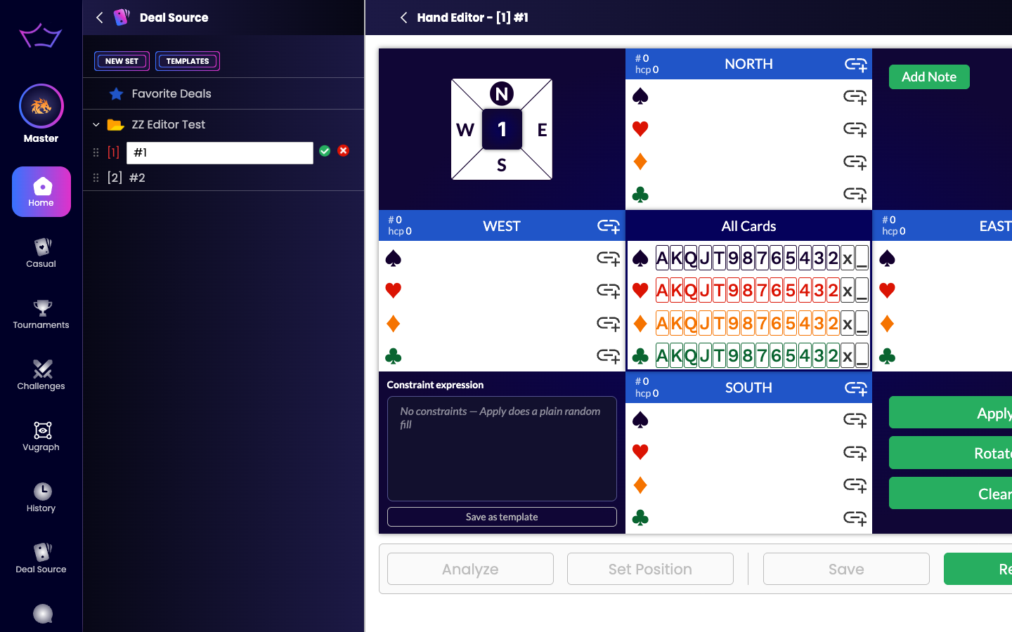 The Hand Editor showing four empty hands, the All Cards panel and the constraint expression box