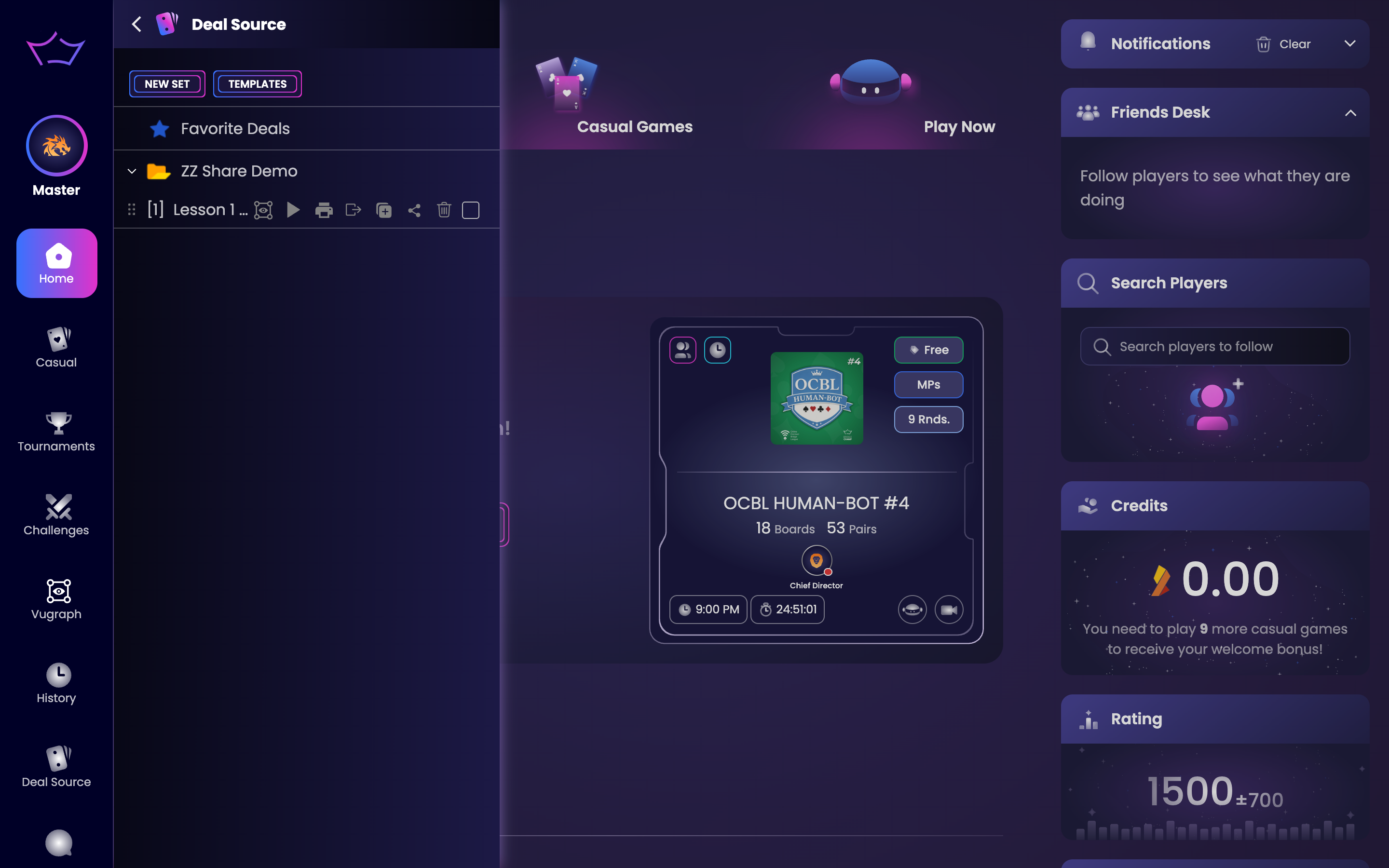 A hand in Deal Source with its action menu open, including the Share option