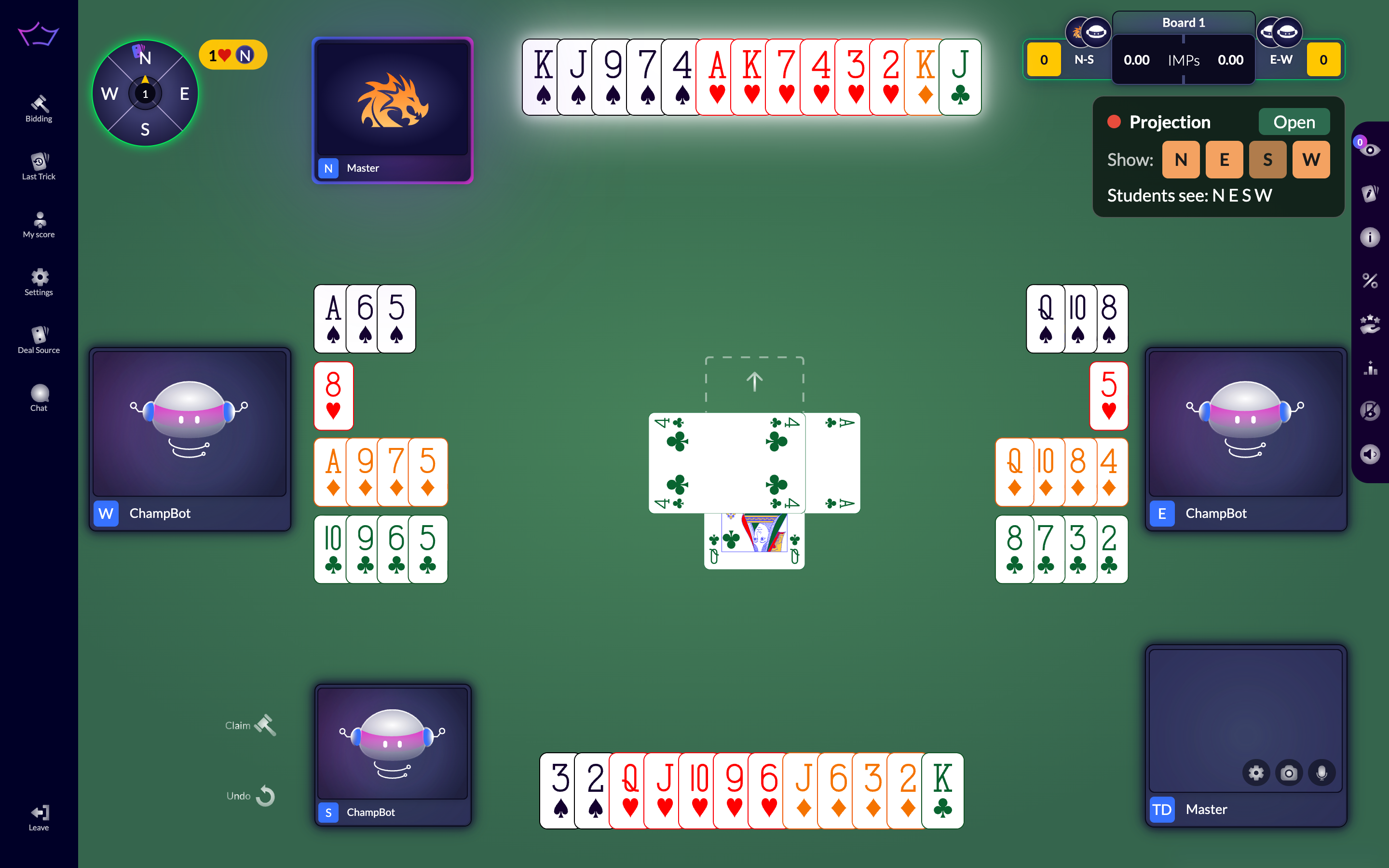 The teacher screen showing all four players hands face up with a trick in progress
