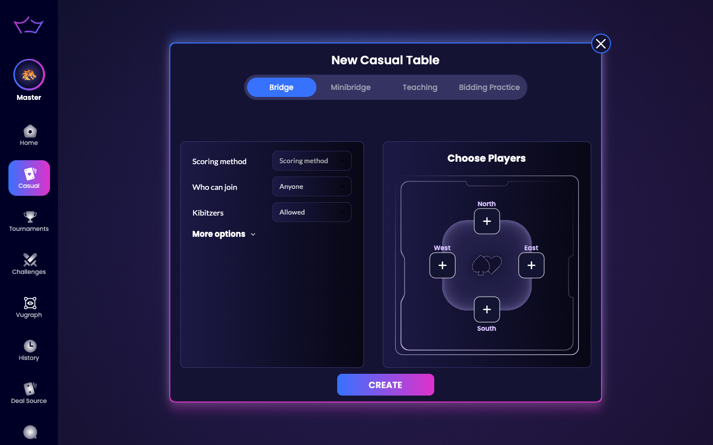 The New Casual Table dialog with Bridge, Minibridge, Teaching and Bidding Practice tabs