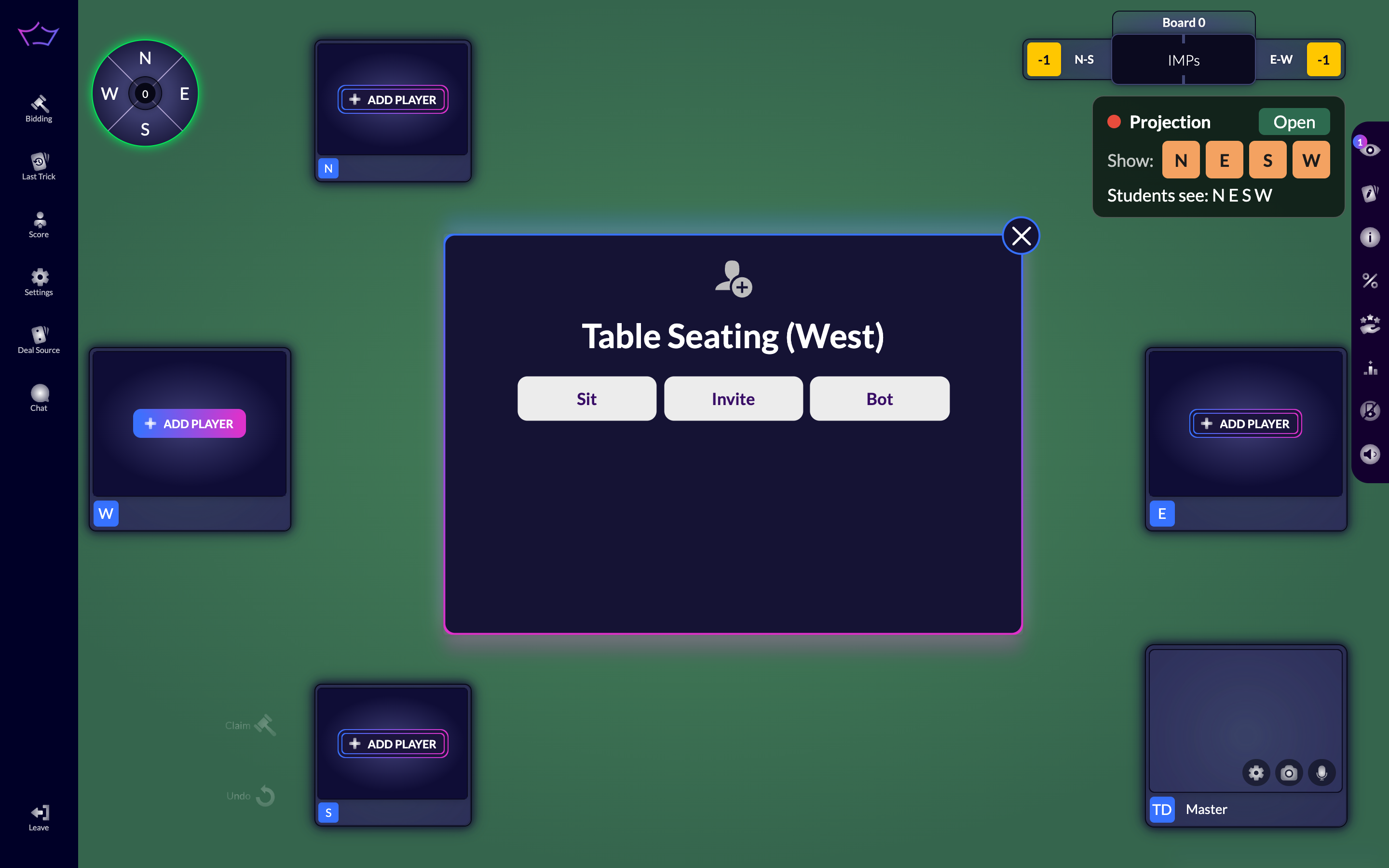 Close-up of a table seat showing the Sit, Invite and Bot buttons