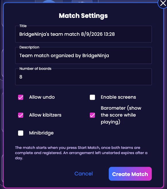 The Match Settings form with the number of boards and the five tick boxes