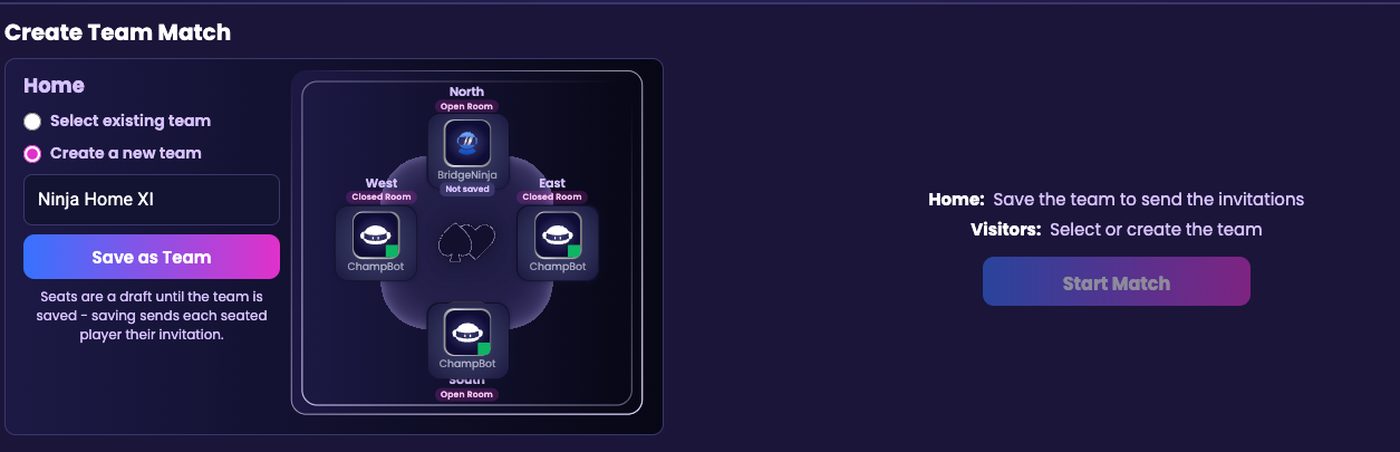 The Home team with four seats filled, a team name typed and the Save as Team button ready