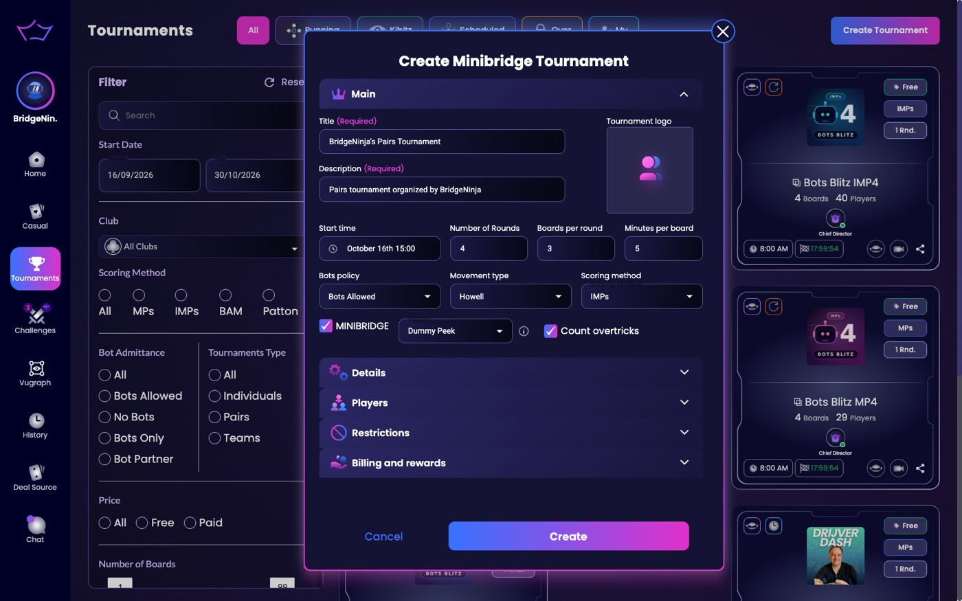 MiniBridge tournament creation
