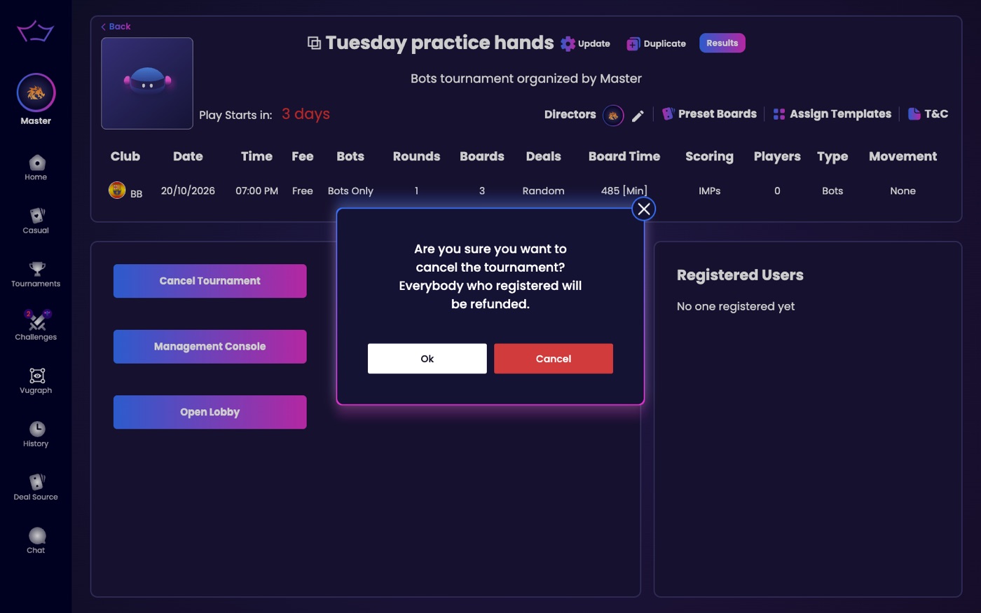 Cancel tournament confirmation