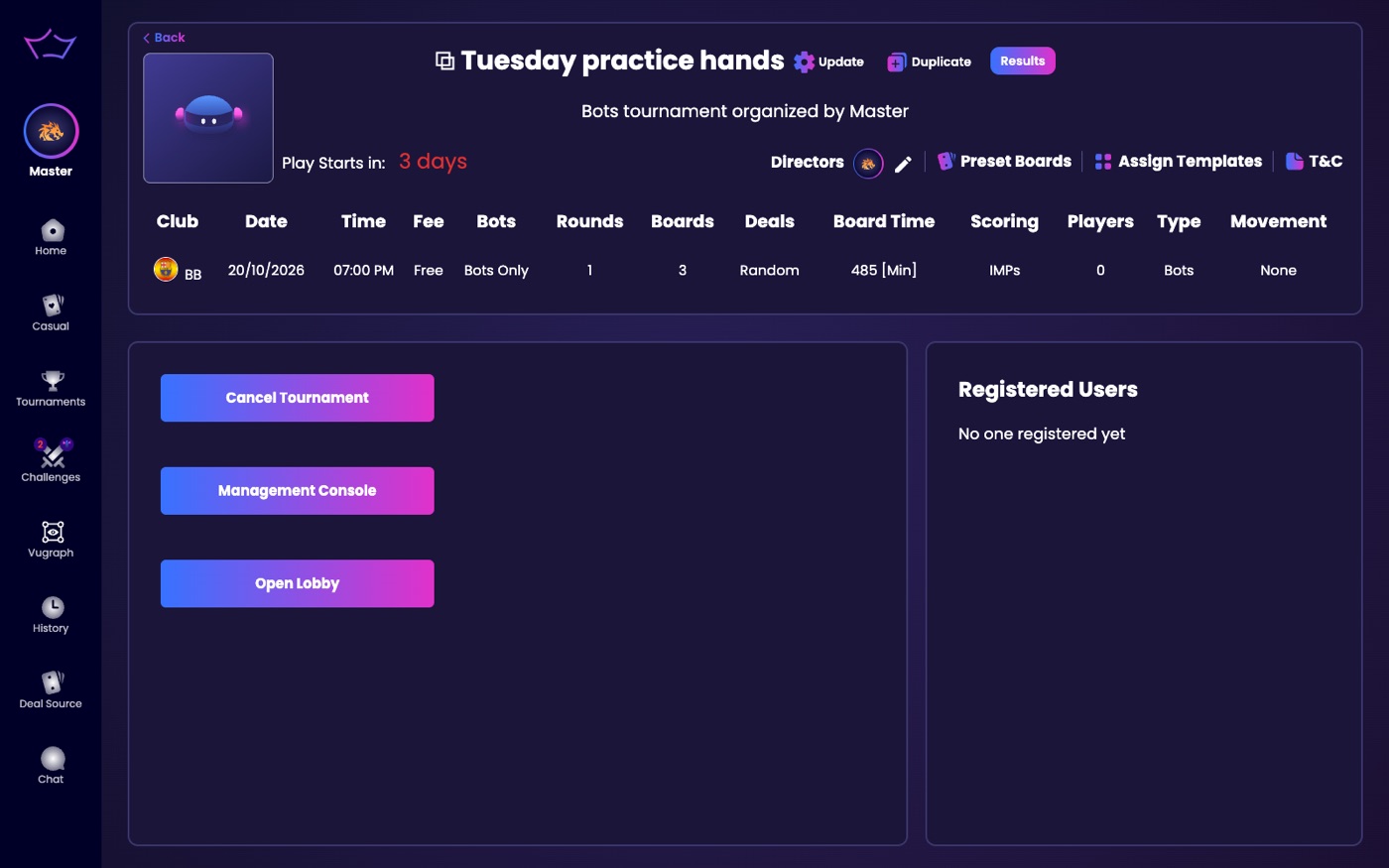 Director view of a scheduled tournament page