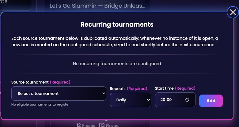 The Recurring tournaments panel with the source tournament, repeats and start time fields