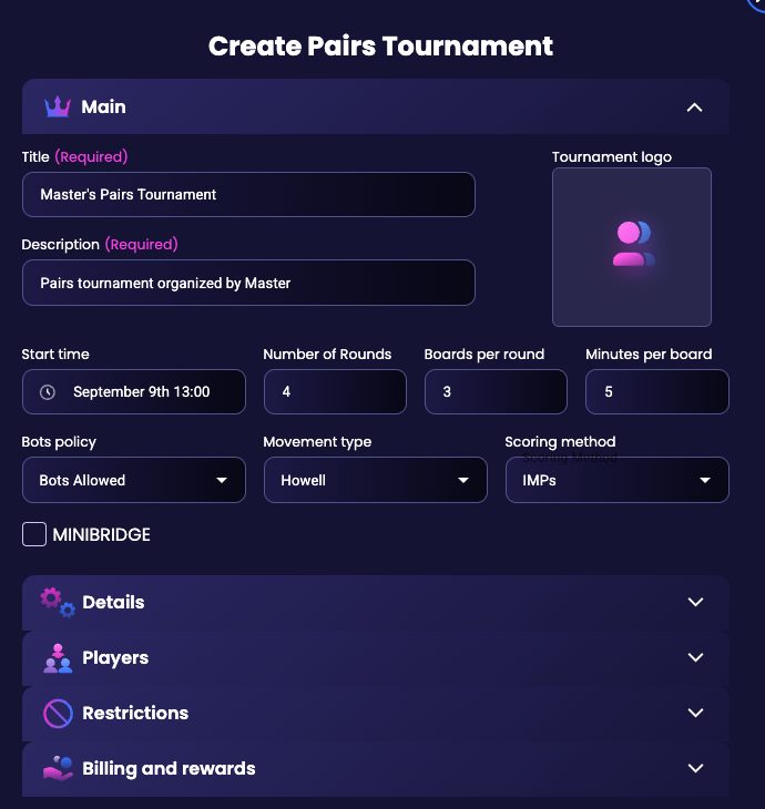 The Create Pairs Tournament form with the Main section open and the four other sections closed